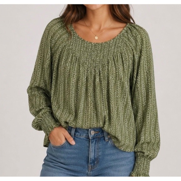 Lucky Brand Tops - Lucky Brand Peasant Top L Olive Green Smocked Yoke Geometric Print 7WP6372